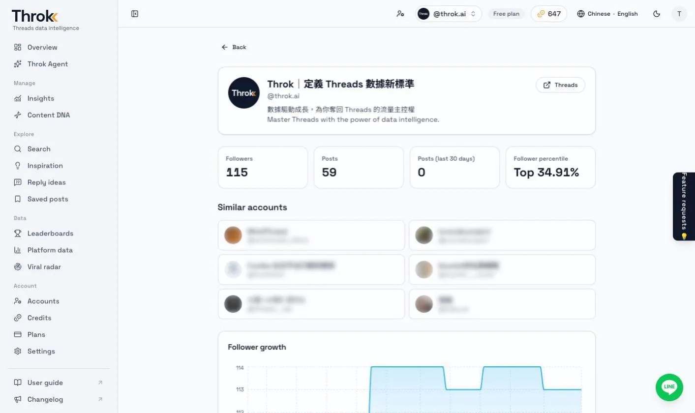 Account details page: followers, post count, follower percentile, similar accounts and follower growth