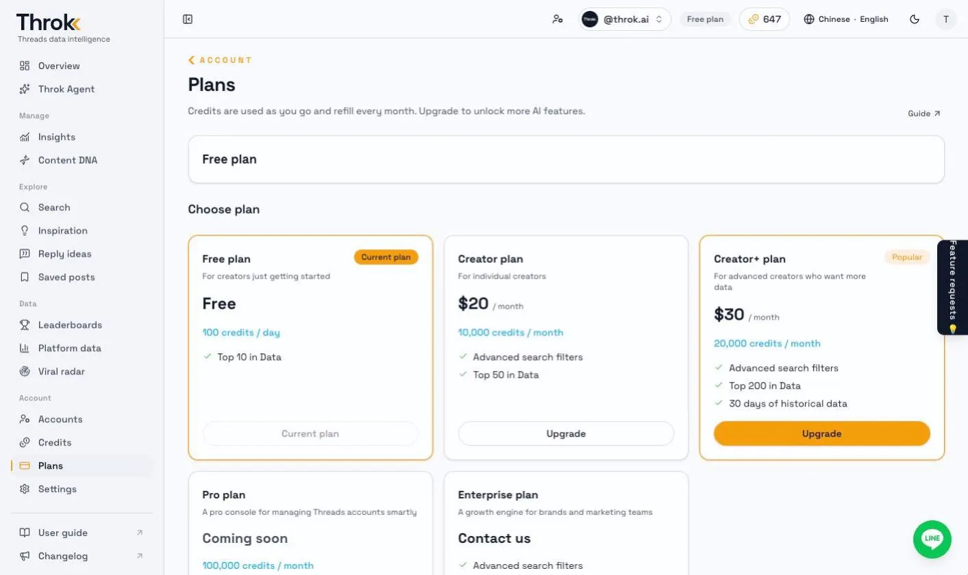 Plans page: Free, Creator, Creator+, Pro and Enterprise plans