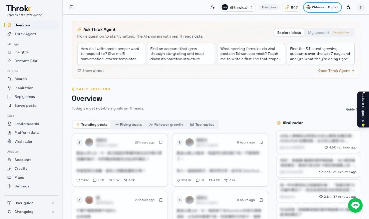 Throk web app Overview page: Ask Throk Agent prompt templates, trending posts and Viral radar