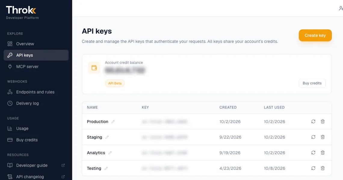 The API keys page in the developer portal: create a key, account credit balance and the key list
