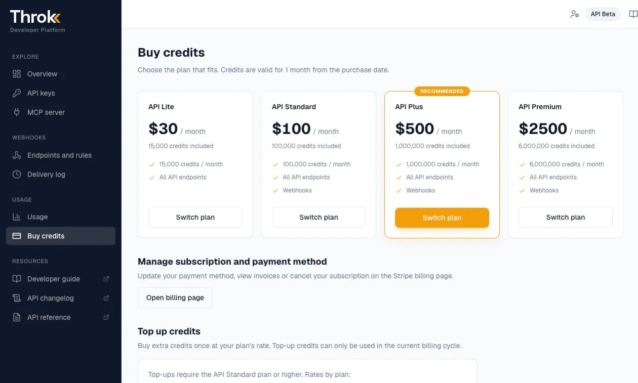 The Buy credits page in the developer portal: API Lite, Standard, Plus and Premium plans