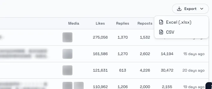 Export menu for search results: Excel (.xlsx) and CSV