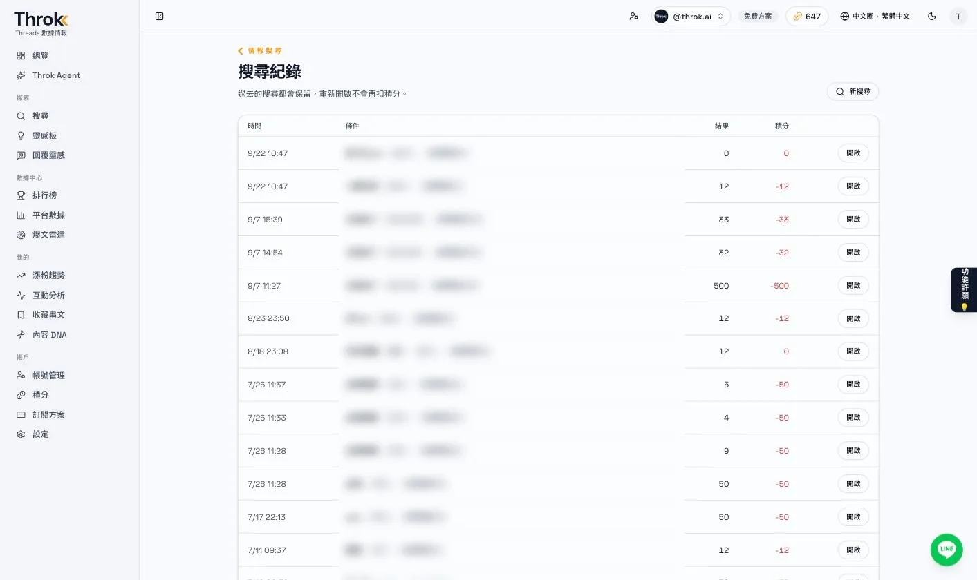 搜尋紀錄頁：每次搜尋的時間、條件、結果筆數與消耗積分，可重新開啟