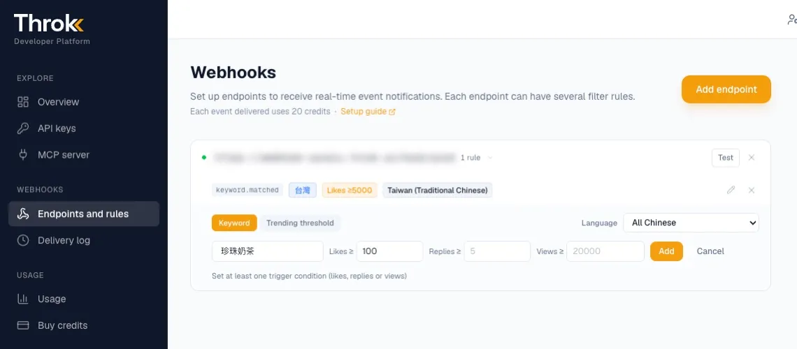 The webhooks page in the developer portal: adding a keyword rule under an endpoint, with language and likes, replies and views thresholds